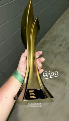 a person holding up an award in front of a brick wall with the word ciao written on it