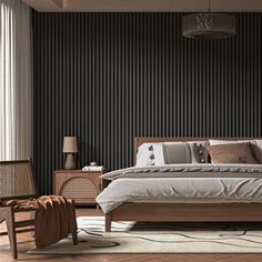 a bedroom with black walls and wooden furniture