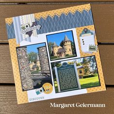 a scrapbook with pictures and words on the cover, including an image of a castle