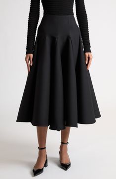 Godet pleats enhance the dramatic volume of this silk-enriched A-line skirt crafted from Valentino's signature crepe couture fabric. This runway-showcased skirt is part of Pierpaolo Piccioli's 'Le Noir' collection—rendered entirely in timeless, powerful black. Hidden back-zip closure 65% virgin wool, 35% silk Dry clean Made in Italy Designer Clothing Couture Fabric, Couture Skirts, Godet Skirt, Favorite Daughter, Maternity Shops, Loungewear Shorts, Designer Clothes For Men, Modern Outfits, Comfortable Dress