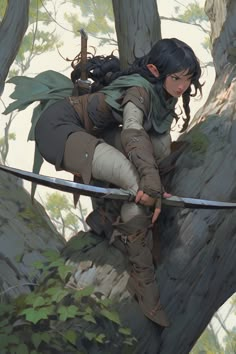 a woman is climbing up a tree with two swords in her hand and holding onto the branch