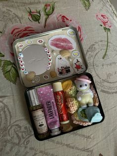 an open suitcase filled with cosmetics and other items