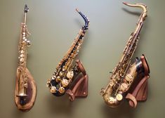 three different types of saxophones are on display in this photo, one is gold and the other is silver