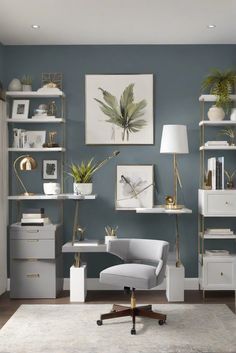 a living room with blue walls and white shelving units on either side of the wall