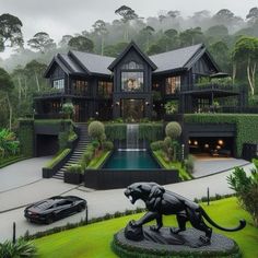 a car is parked in front of a house with a lion statue on the lawn