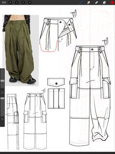 an image of the front and back view of pants with pockets on each side, as well