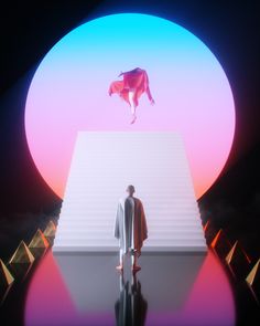 a man standing in front of a stage with a horse on it