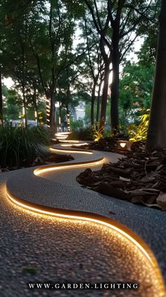 a close up of a pathway with lights on it in a park Walk Way Lighting Pathways, Sidewalk Lighting Ideas, Pool Deck Lighting Ideas, Park Lighting Design, Pathway Lighting Ideas, Pool Lighting Ideas, Decking Lights, Entrance Walkway, Sidewalk Ideas