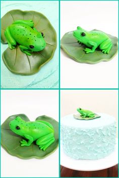 there are four pictures of a frog on top of a leaf and the cake is decorated with fondant