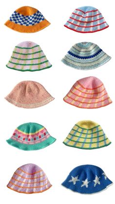 six hats with different colors and patterns on them