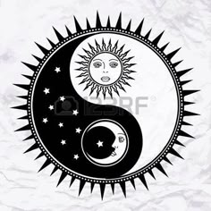 the sun and moon are depicted in this black and white yin - yang tattoo design