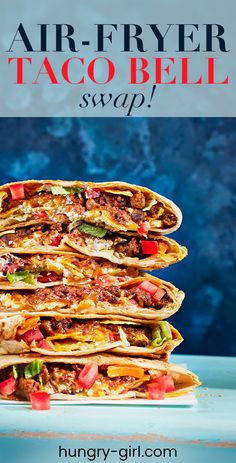 four tacos stacked on top of each other with text overlay reading air fryer taco bell soap