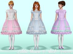 three different colored dresses are shown in this image, one is pink and the other is blue