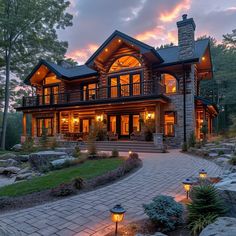 a large house with lots of windows and lights on it's front porch, surrounded by rocks