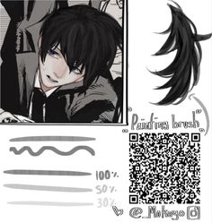 an anime character with long black hair and blue eyes, sitting in front of a qr