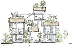 an architectural drawing of a house with plants growing on the roof and stairs to the second floor