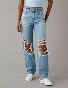 AE Strigid Ripped Highest Waist Baggy Straight Jean Ripped Baggy Jeans, Baggy Ripped Jeans, Cute Ripped Jeans, Fest Outfits, Trendy Outfits For Teens, Summer Jeans, Cute Preppy Outfits, Cute Jeans, Cute Everyday Outfits