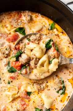 a ladle full of pasta and meat soup with spinach on the side, ready to be eaten