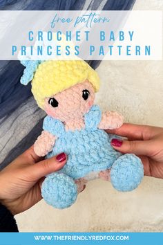 a crochet baby princess doll is shown with the text free pattern