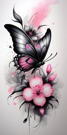 an artistic butterfly with pink flowers on it's back and the wings are painted in black