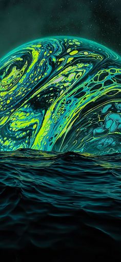 an abstract painting of waves in the ocean with green and blue paint on it's surface