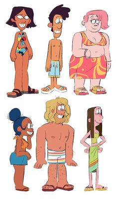 cartoon characters with different facial expressions and hair styles, including one man in bathing suit