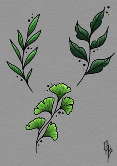 three green leaves are shown on a gray background, and one is drawn in black ink