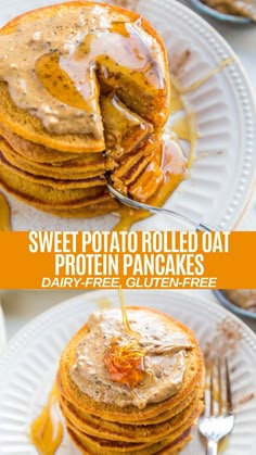 sweet potato rolled oat protein pancakes with dairy - free glutenfree syrup