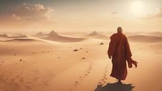 a man walking across a desert covered in sand