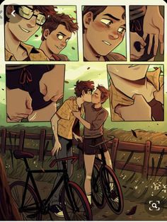 an image of a man kissing a woman on the cheek while riding a bike in front of him