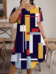 Multicolor Casual Collar Short Sleeve Woven Fabric Colorblock,Geometric,Plain,All Over Print Tunic Embellished Non-Stretch  Women Plus Clothing Dresses For Plus Size Women Casual, African Kids Clothes, Plus Size Summer Dress, Simple Dress Casual, Best Casual Dresses, Classy Short Dresses, Modest Dresses Fashion, Color Healing