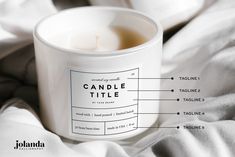 a candle that is sitting on top of a bed with the label labeled below it