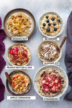 six bowls of oatmeal with different toppings and names on the side