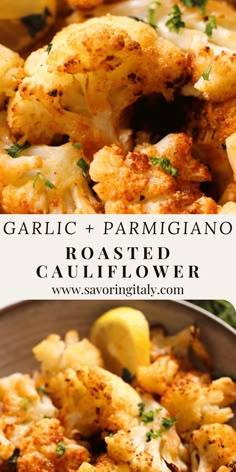 garlic and parmesan roasted cauliflower in a bowl with lemon wedges