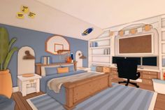 Pastel Bloxburg House Layout, Cute Bedroom Ideas In Bloxburg, Boys Bedroom Ideas Bloxburg, Bloxburg Boys Bedroom, Pool Ideas In Bloxburg, Room Ideas Bloxburg Teen, Boys Bloxburg Room, Bloxburg Boys Room, Bloxburg Daycare Ideas Exterior