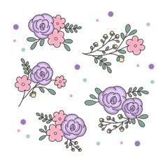 some flowers and leaves are on a white background with polka dot dots in the bottom right corner