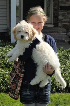 a woman holding a small white dog in her arms on the grass near a house