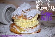 three pictures of different pastries with icing and chocolate toppings on them, along with the words mom's famous frosted puffs