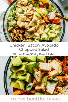 chicken, bacon, avocado and chopped salad with text overlay