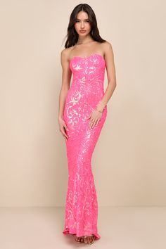 Everyone will be raving about the way you look in the Lulus Glam Aura Hot Pink Iridescent Sequin Strapless Maxi Dress! Eye-catching iridescent sequins create an intricate pattern across stretchy mesh knit as it shapes a strapless, sweetheart neckline (with hidden no-slip strips) and a princess-seamed bodice (with supportive side-boning). High, fitted waist sits atop a mermaid maxi skirt with an elegant train at back. Turn around to reveal long straps that lace-up the flirty open back design. Hid Pink Sparkly Dress, Mermaid Maxi Skirt, Prom Dress Inspo, Iridescent Sequin, Strapless Prom Dress, Pink Stuff, Pink Iridescent, Sequin Prom Dress, Lulu Fashion