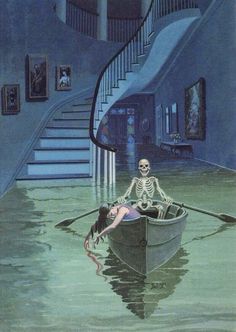 a skeleton sitting on top of a boat next to a woman in a body of water