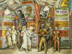 a painting of people standing in front of an old fashioned store with posters on the walls