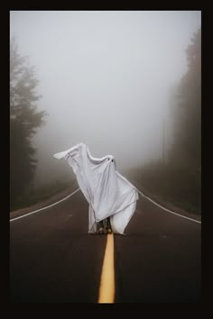 a white sheet draped over the top of a car on a foggy road with trees in the background