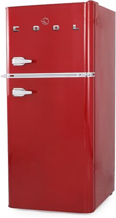 a red refrigerator freezer sitting on top of a white counter