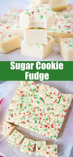 sugar cookie fudge with sprinkles on top and in the background, there is