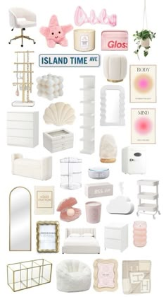 a collage of white and pink items with the words island time above them in gold lettering