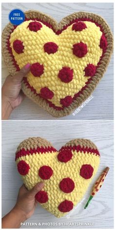 crocheted heart with red and yellow flowers in the shape of a pizza slice