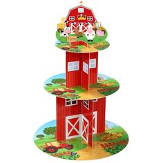 a three tiered cake stand with farm animals and barn scenes on the top one