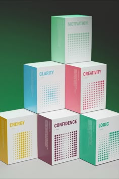 four boxes with the words creativity written on them in different colors and sizes, sitting next to each other