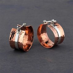 Mexican silver hammered copper hoop earrings Hammered Copper Jewelry, Hammered Copper Earrings, Unique Hoop Earrings, Hammered Jewelry, Mixed Metal Jewelry, Wire Wrapped Earrings, Large Hoop Earrings, Silver Jewelry Handmade, Hammered Copper